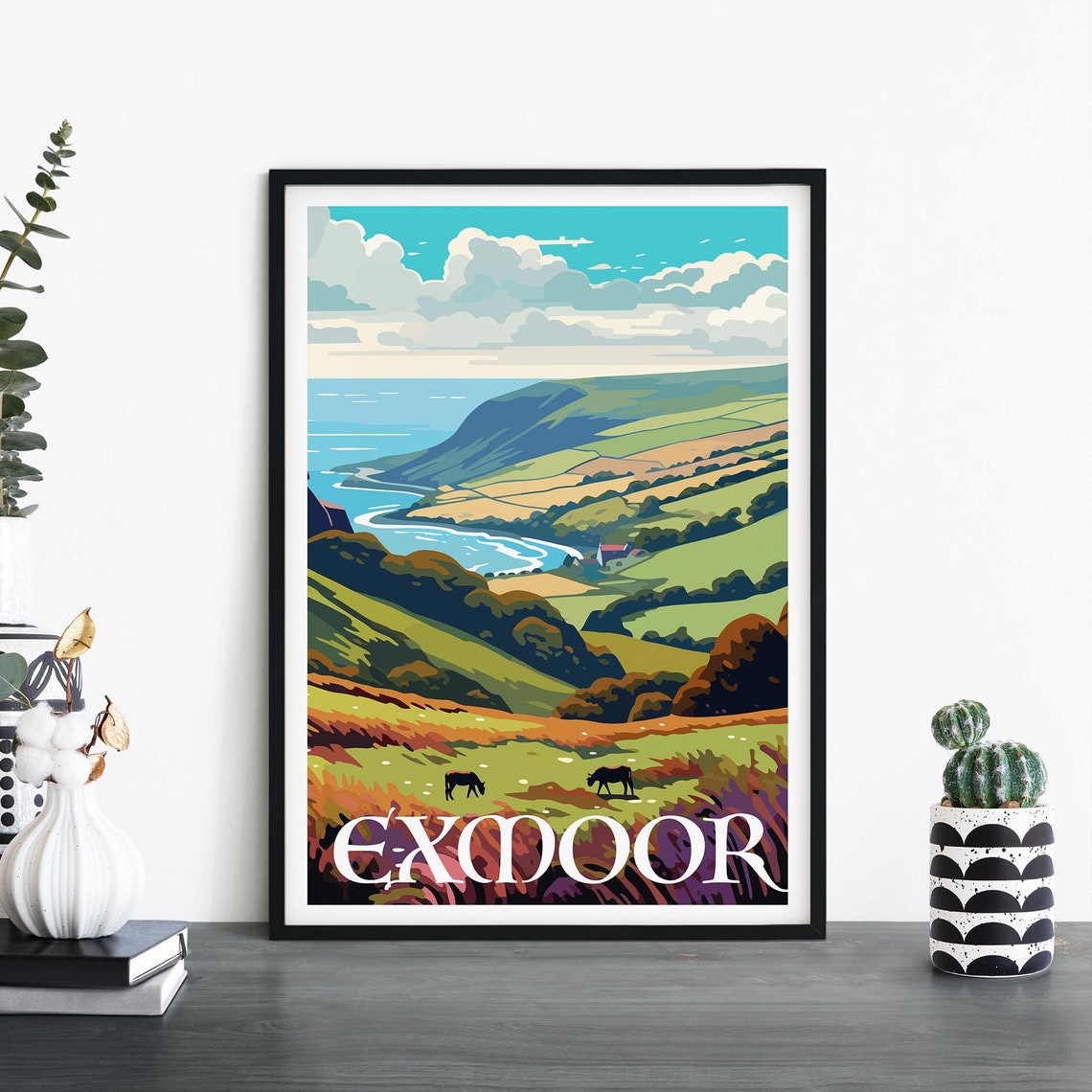 Exmoor Valley Coastline Grazing Animals Pastoral Travel Poster