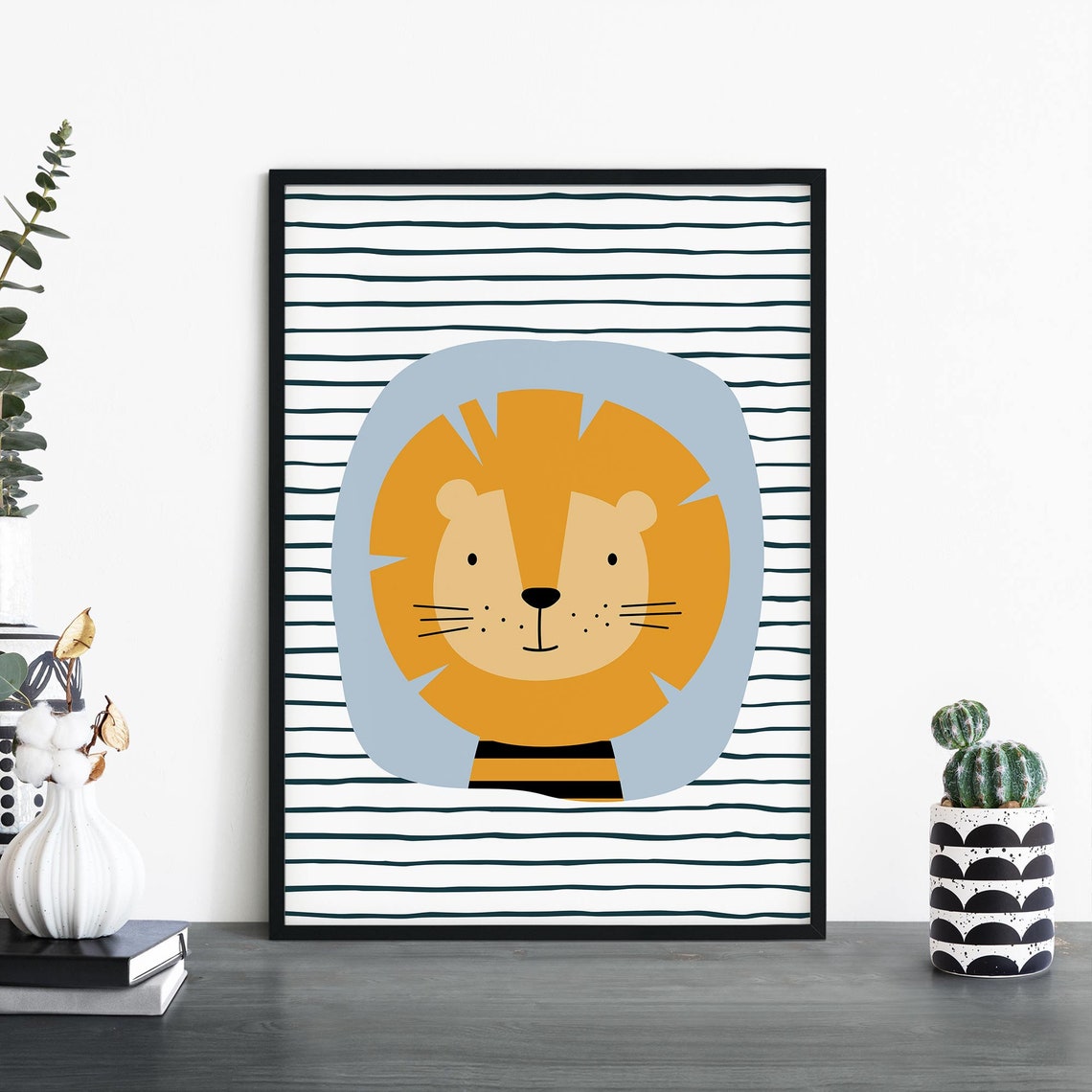 Cute Lion Face Kids Nursery Wall Art Striped Background Decor