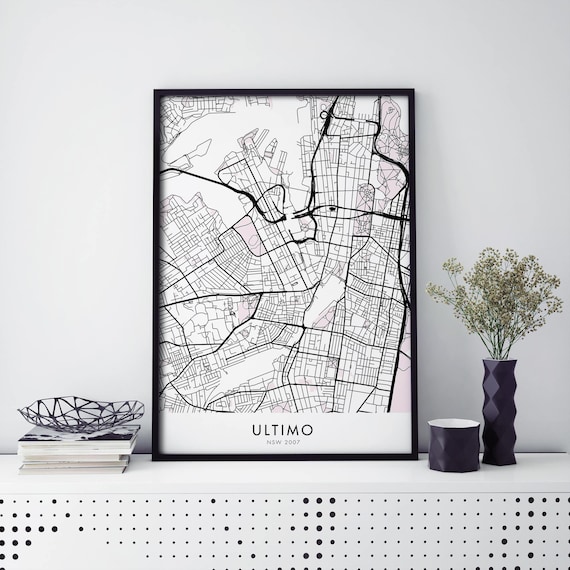 Minimalist Black and White Ultimo Sydney Suburb Street Map Art Print