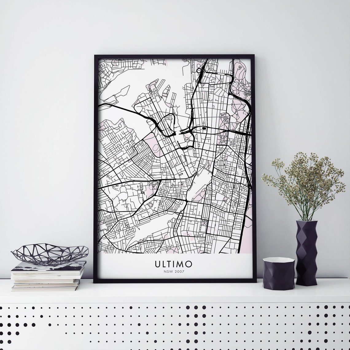 Minimalist Black and White Ultimo Sydney Suburb Street Map Art Print