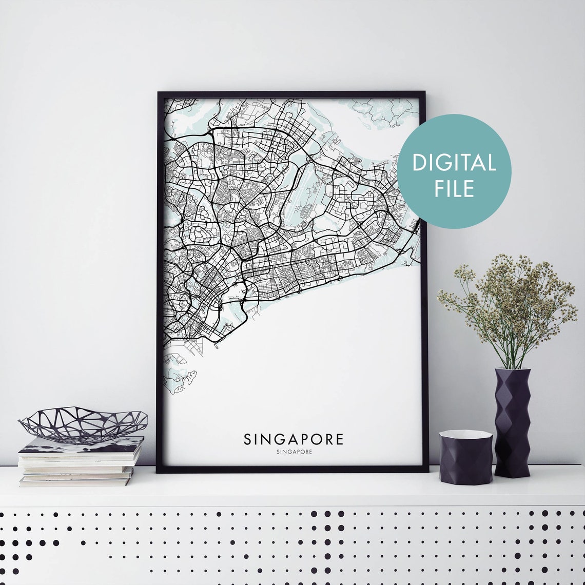 Singapore City Street Map Black Line Art Modern Travel Poster