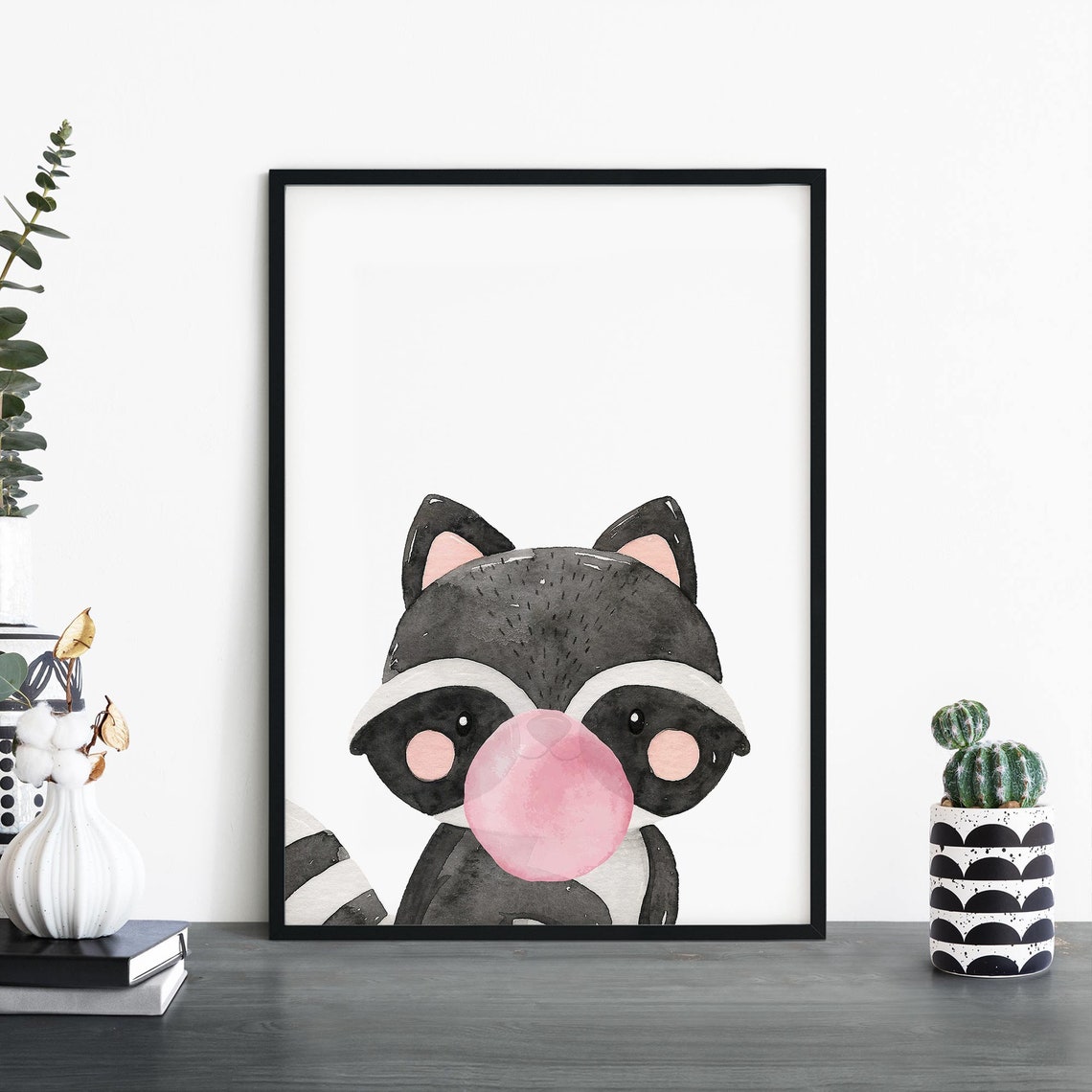 Raccoon Blowing Pink Bubble Gum Watercolour Funny Kids Room Poster