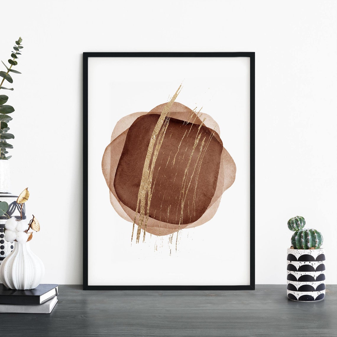 Rust and Tan Watercolor Blob With Gold Drips Abstract Poster
