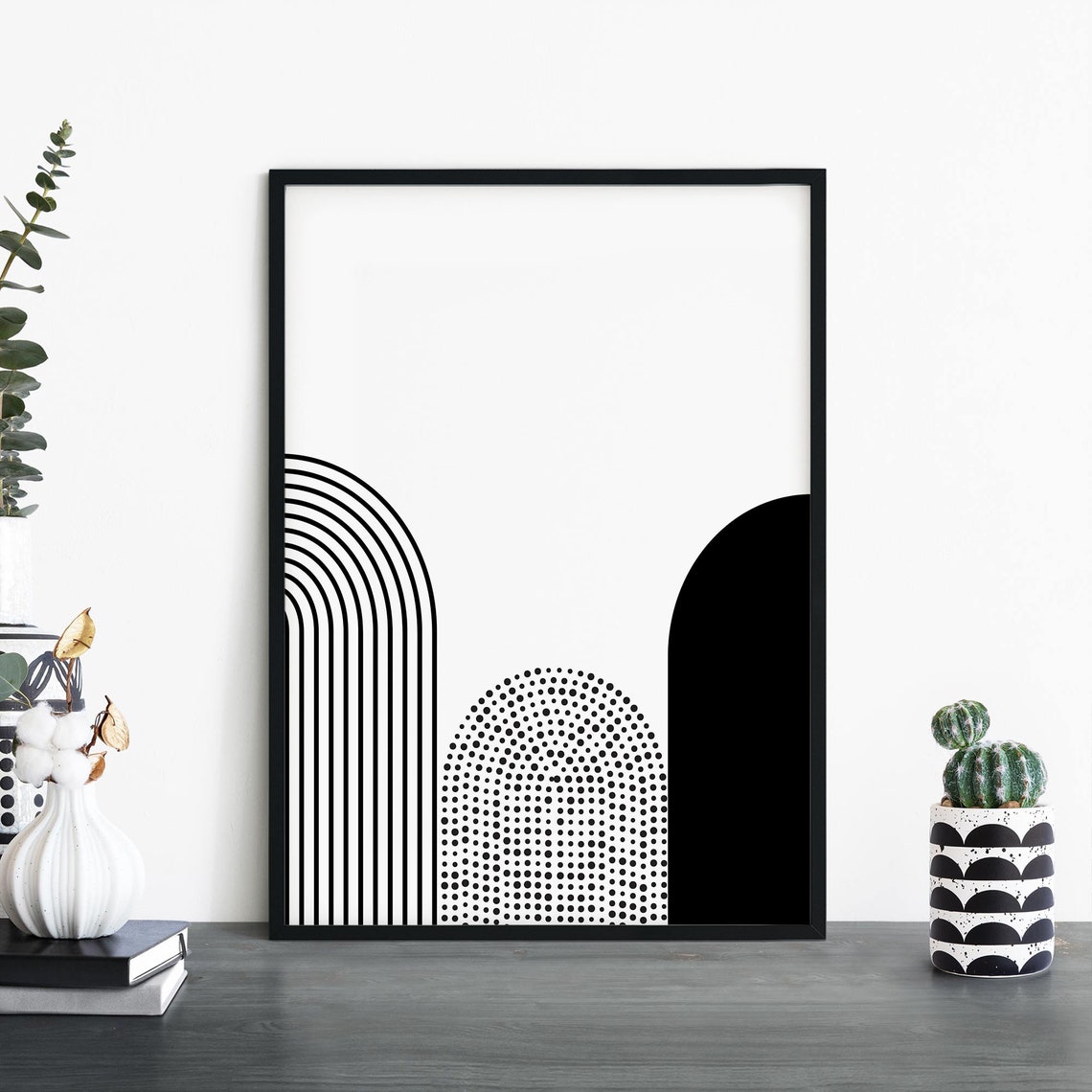 Modern Geometric Arches Black White Minimalist Abstract Art Print