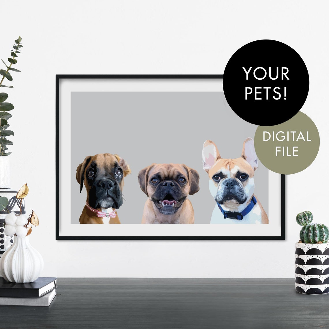 Custom Illustrated Three Pet Dog Portrait Personalized Gift Poster