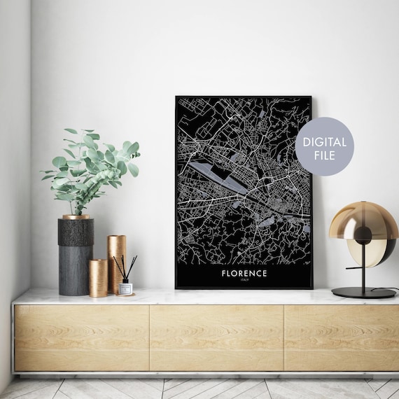 Florence Italy Black And White Modern City Street Map Wall Art