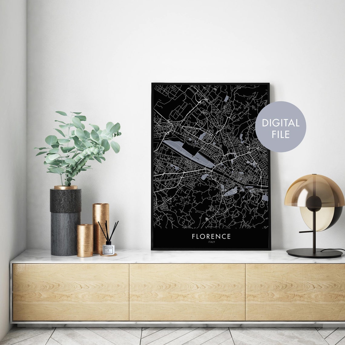 Florence Italy Black And White Modern City Street Map Wall Art