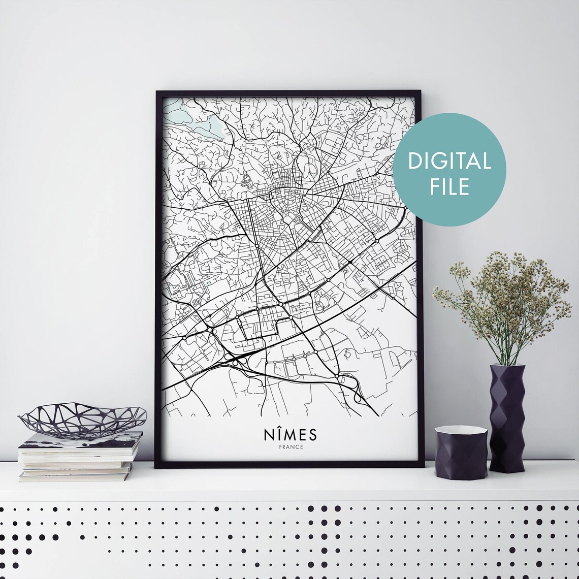 Nimes France Black and White City Street Map Minimalist Travel Poster