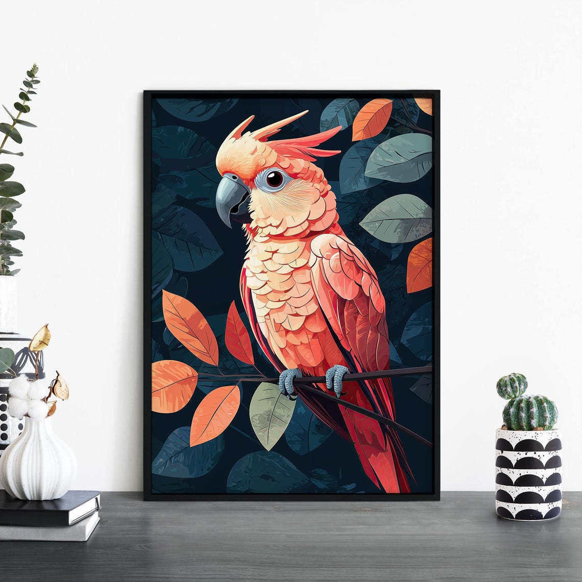 Pink Cockatoo Perched on Branch With Teal and Orange Foliage Poster
