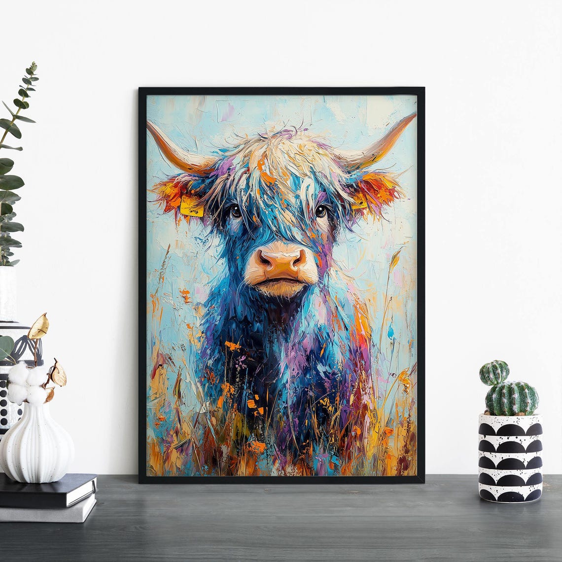 Colorful Highland Cow Abstract Oil Painting Blue Animal Poster