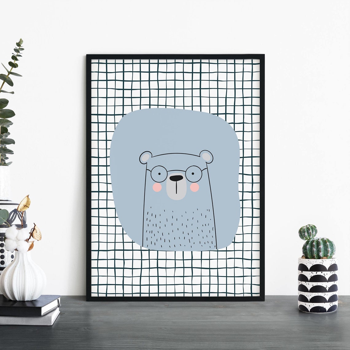 Cute Blue Bear Wearing Glasses Kids Checkered Nursery Wall Art