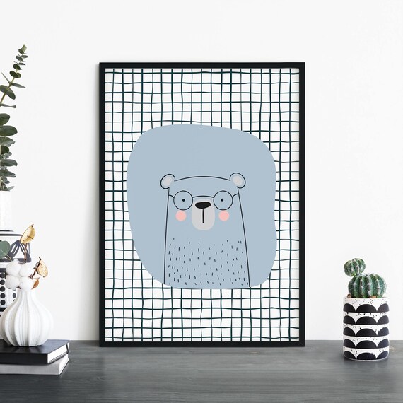 Cute Blue Bear Wearing Glasses Kids Checkered Nursery Wall Art