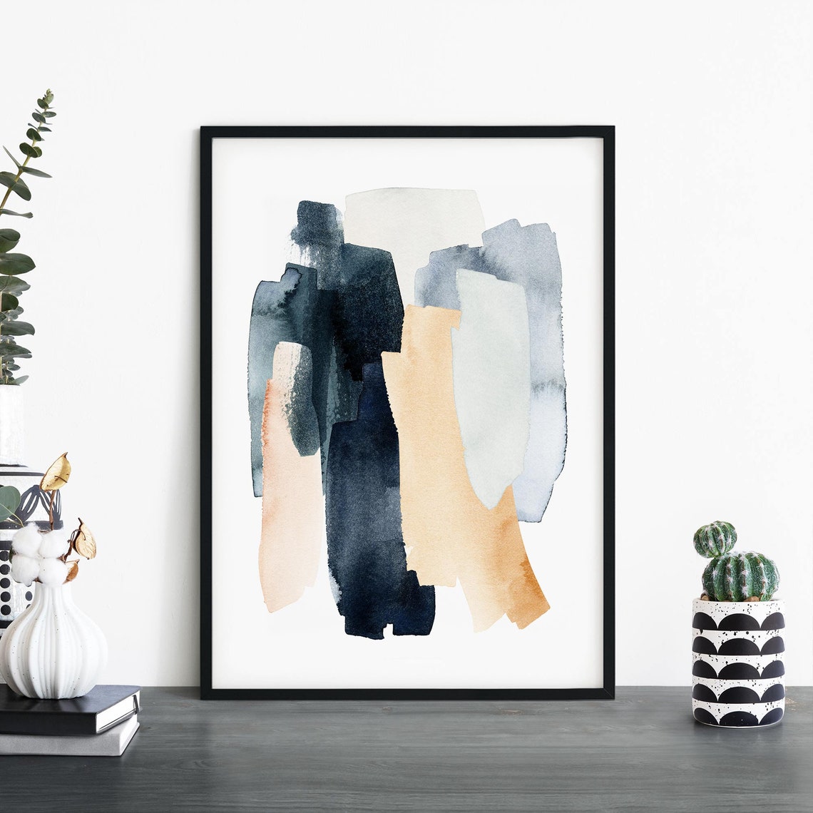 Vertical Navy Beige Brush Strokes Abstract Modern Watercolor Poster