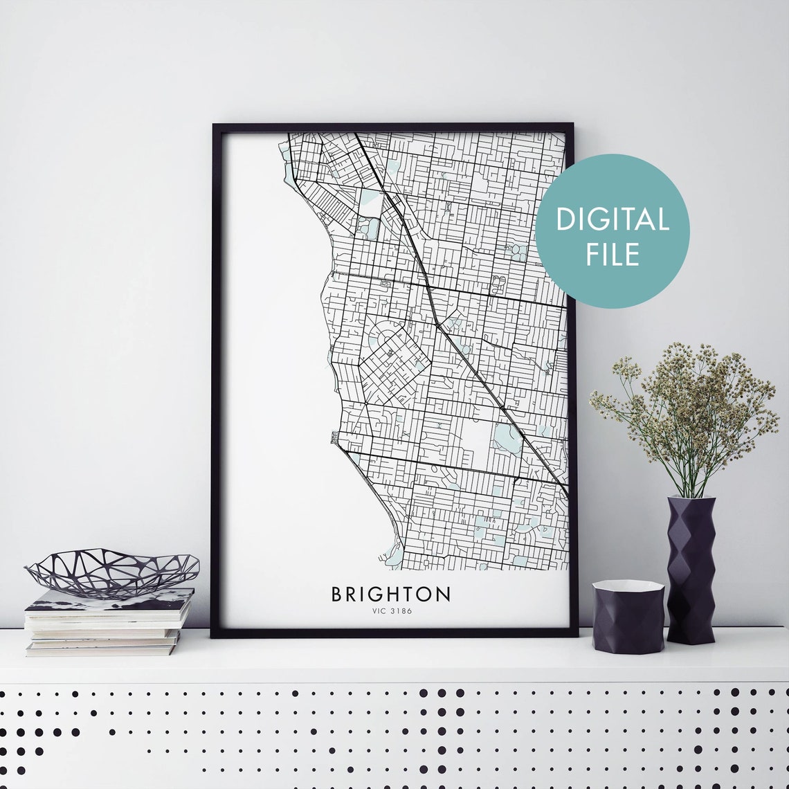 Brighton Melbourne Suburb Minimalist Monochrome Street Map Poster