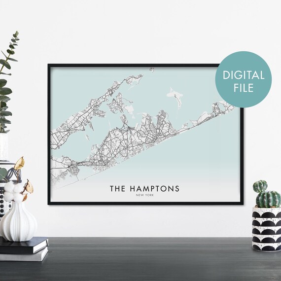 The Hamptons New York Pale Blue Coastal Map Travel Art Poster