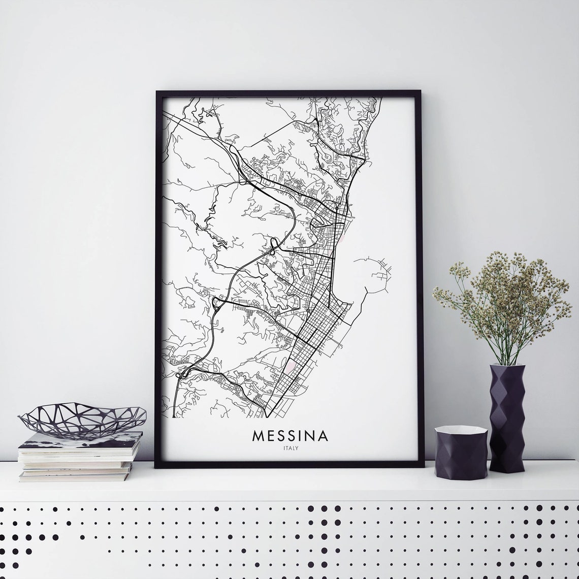 Messina Italy Minimalist Black And White City Street Map Poster