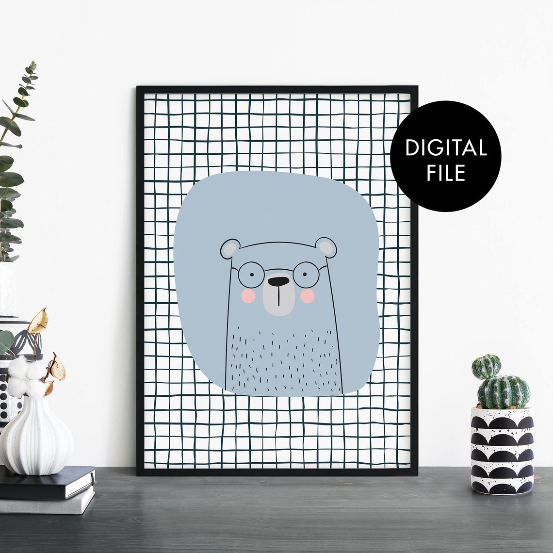 Cute Blue Bear With Glasses Kids Nursery Grid Background Art Poster