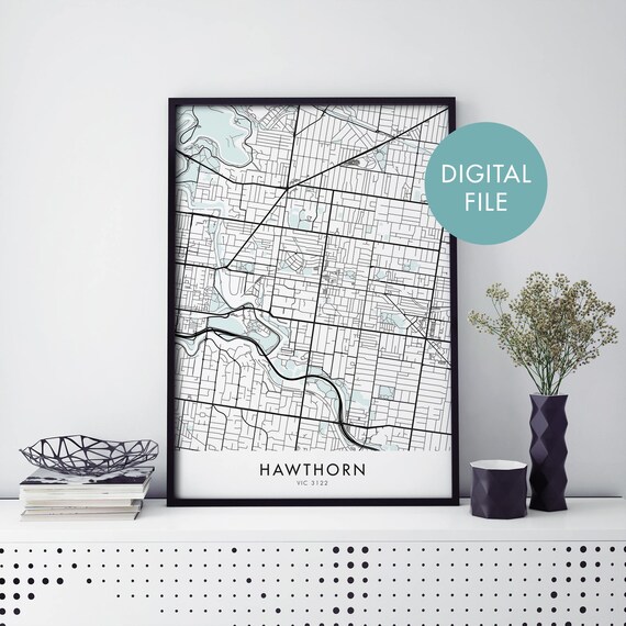 Hawthorn Melbourne Australia City Street Map Black Line Art Poster