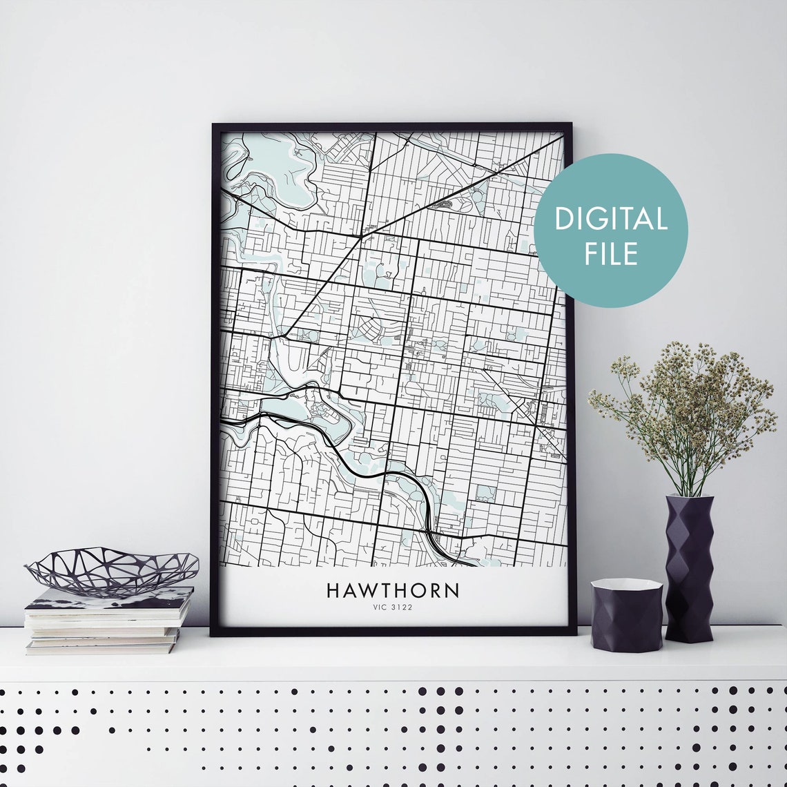 Hawthorn Melbourne Australia City Street Map Black Line Art Poster