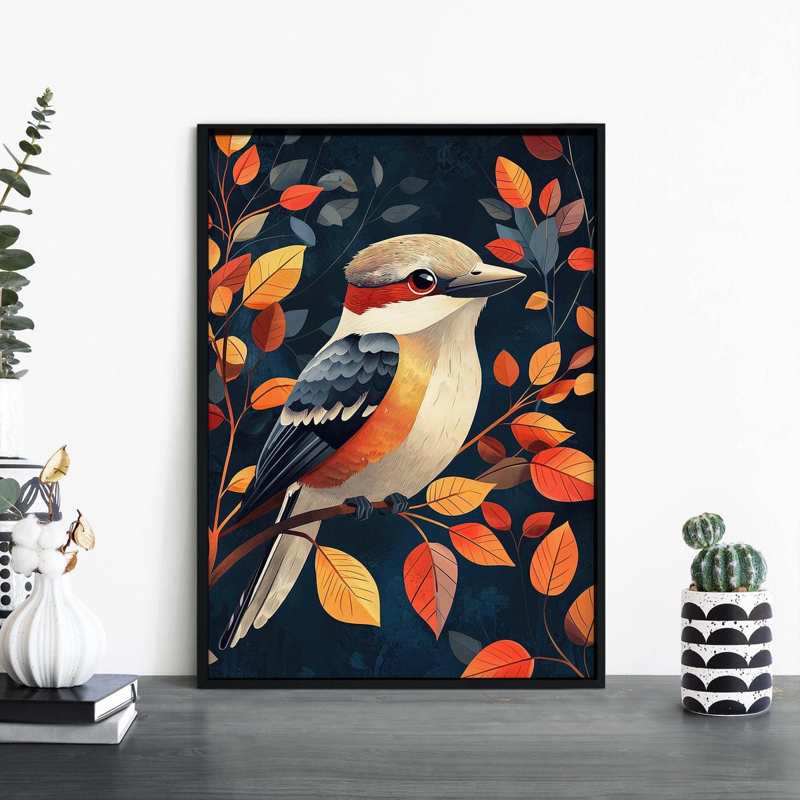 Kookaburra Perched Among Orange Autumn Leaves Illustrative Bird Poster
