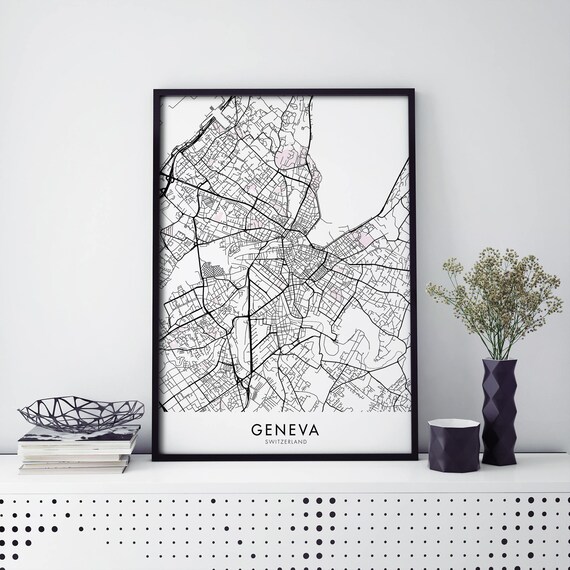 Geneva Switzerland Black Minimal Street Map Urban Decor Art Poster