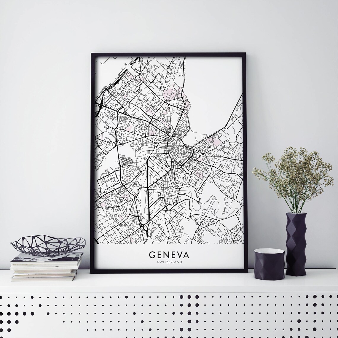 Geneva Switzerland Black Minimal Street Map Urban Decor Art Poster