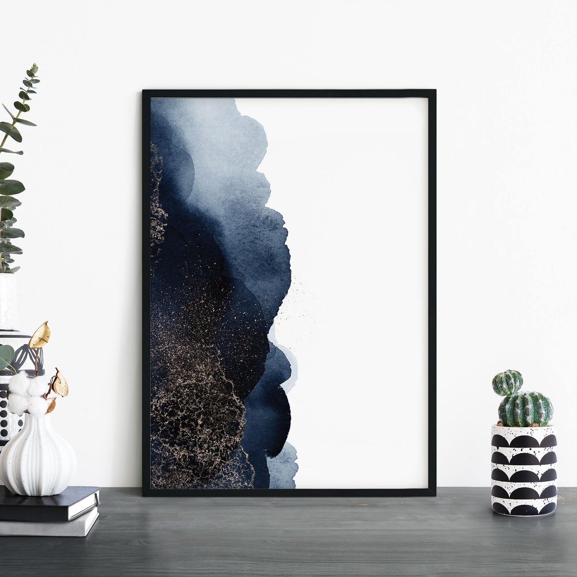 Navy Blue Watercolor Abstract With Gold Modern Elegant Poster