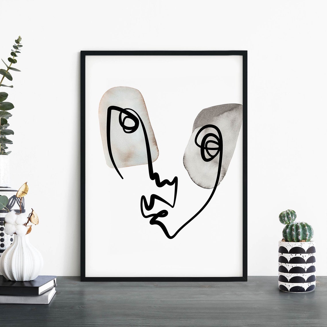 Abstract One Line Face Ink Drawing Gray Watercolor Modern Art Print