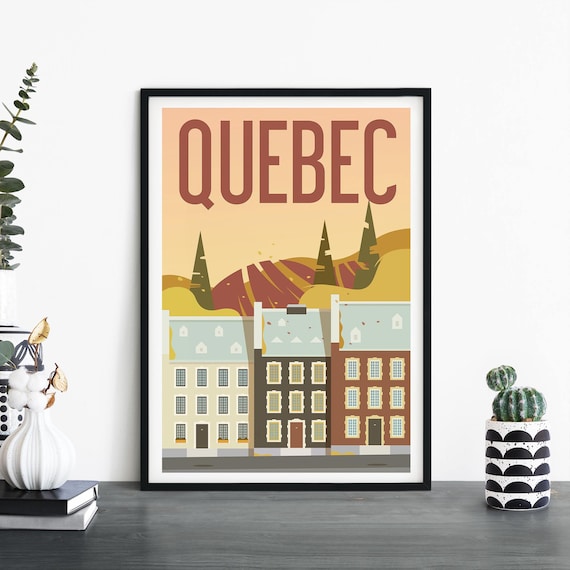 Quebec Canada Old Townhouses Autumn Hills Illustrative Travel Wall Poster