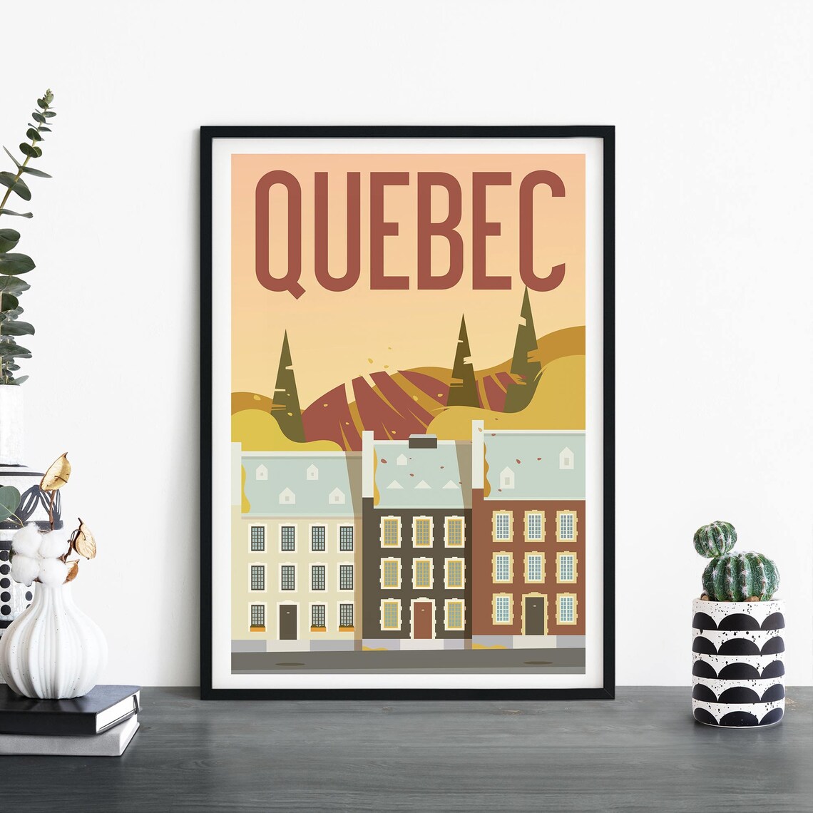 Quebec Canada Old Townhouses Autumn Hills Illustrative Travel Wall Poster