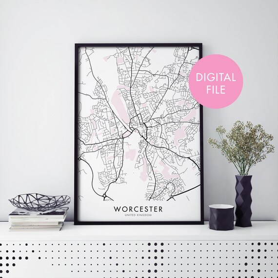 Worcester United Kingdom Minimalist Black White City Map Print