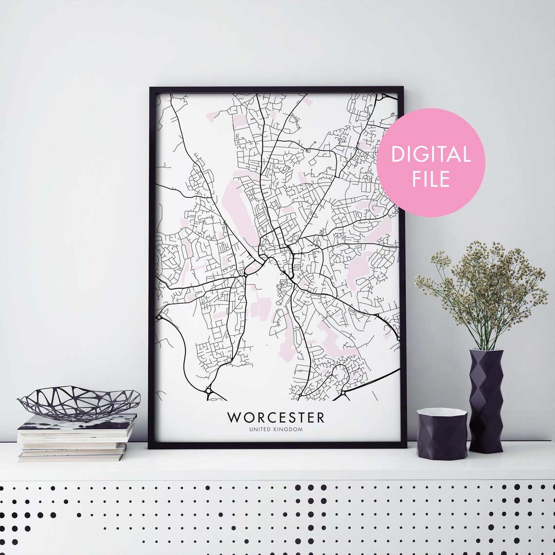 Worcester United Kingdom Minimalist Black White City Map Print