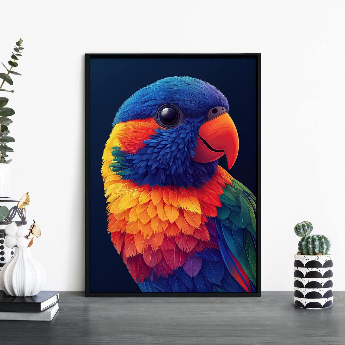 Lorikeet Portrait On Navy Background Colorful Parrot Art Print