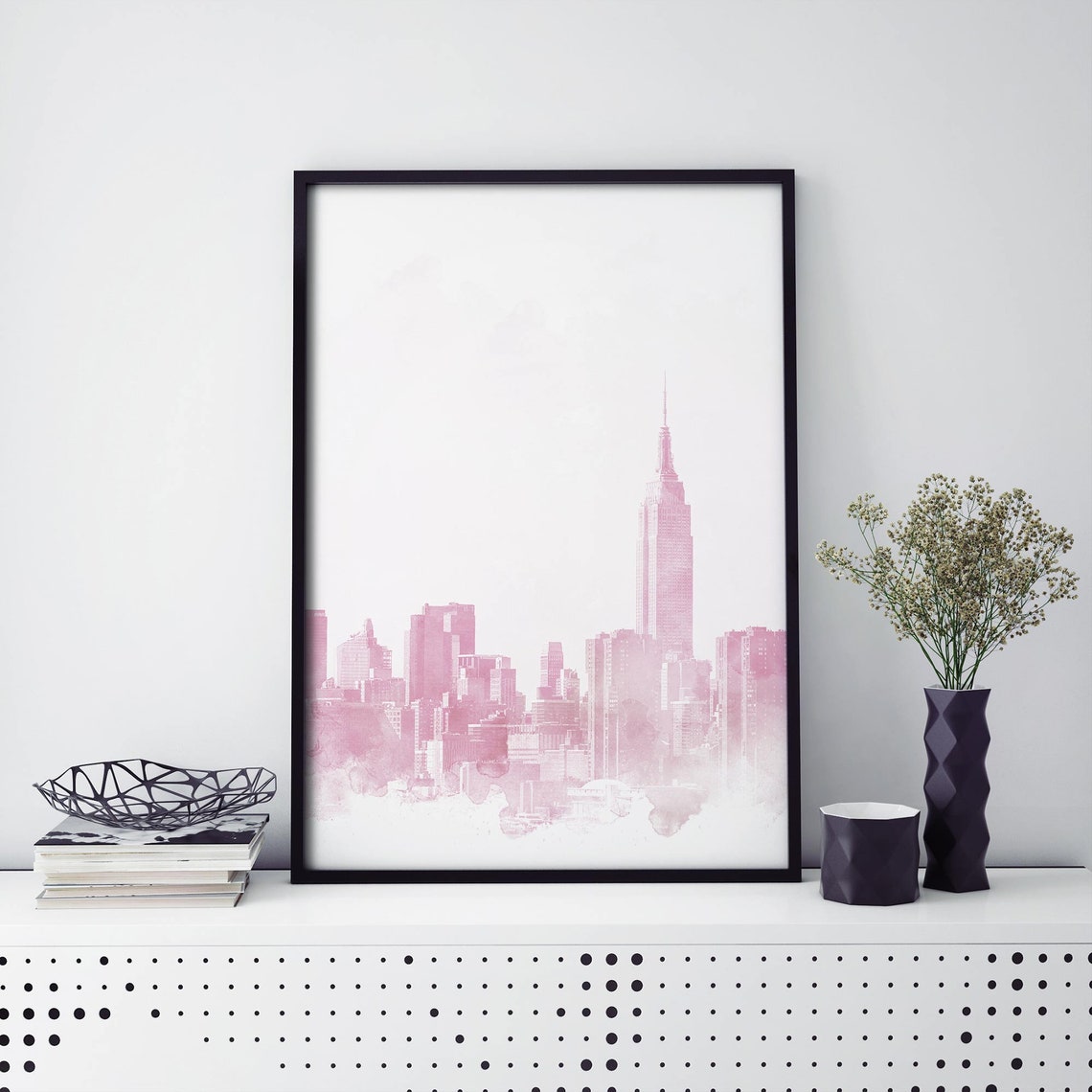 New York City Skyline Pink Watercolour Empire State Art Poster