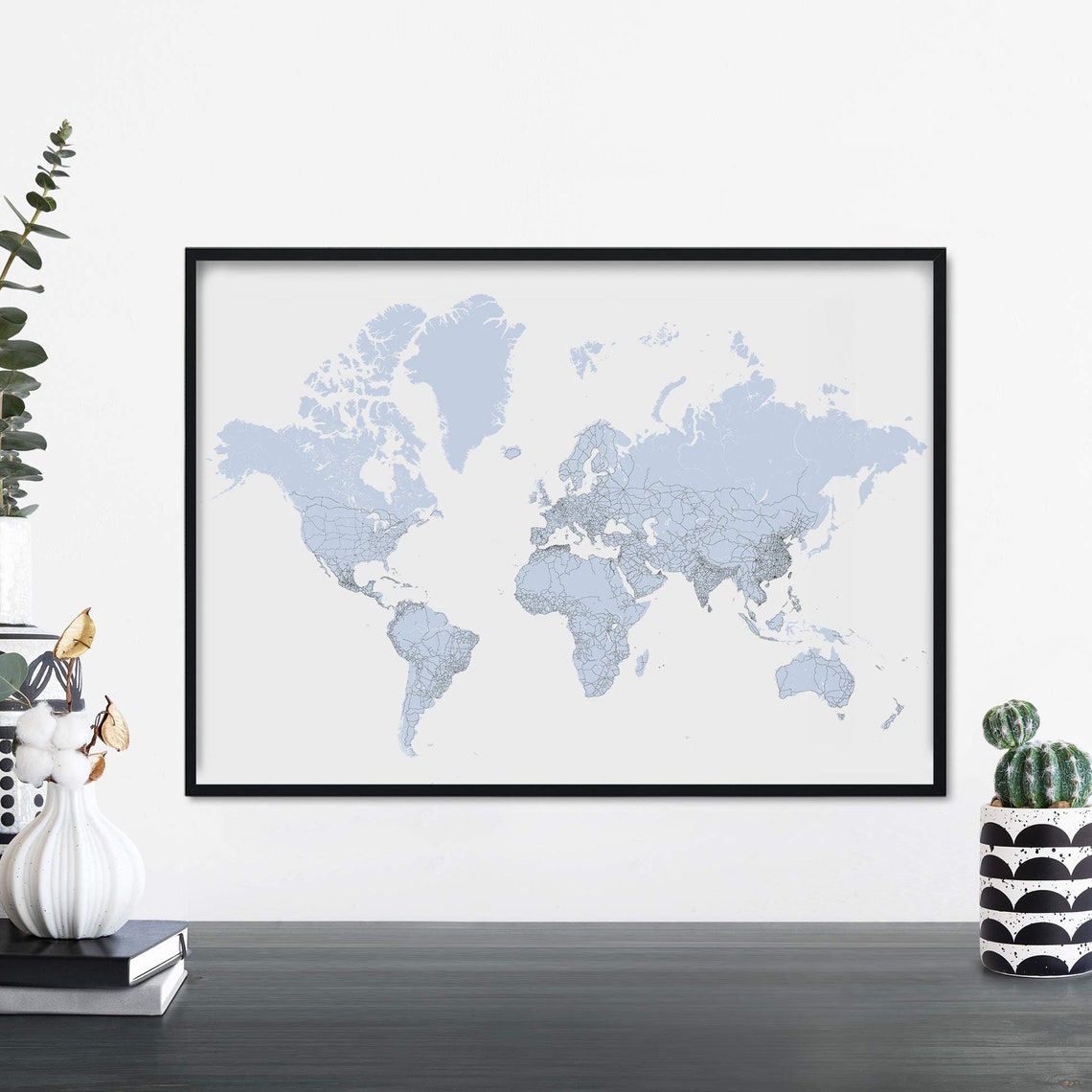Light Blue World Map Minimalist Global Travel Decor Art Poster