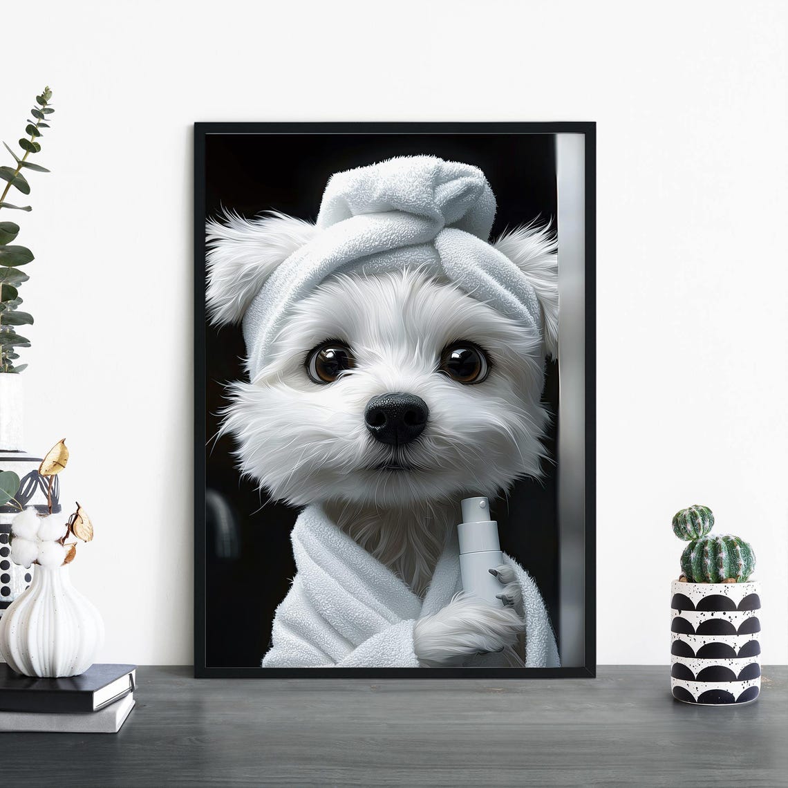 Adorable Maltese Dog Spa Day Towel Wrap Bathrobe Puppy Portrait Poster