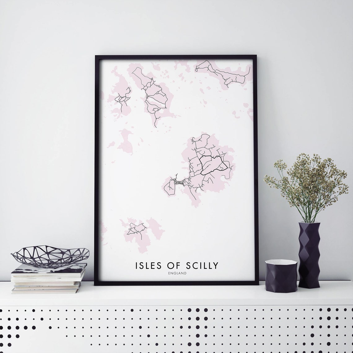 Isles Of Scilly England Minimalist Pink Line Art Map Travel Poster