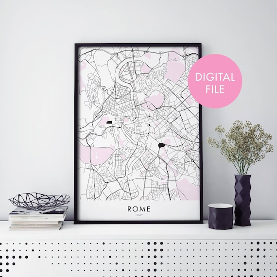Rome Italy City Map Blush Pink Minimalist Digital Download Art Poster
