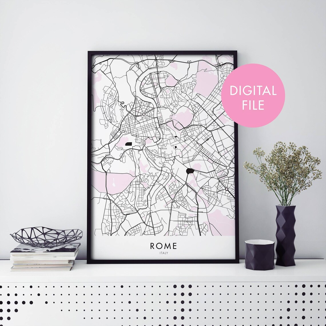 Rome Italy City Map Blush Pink Minimalist Digital Download Art Poster