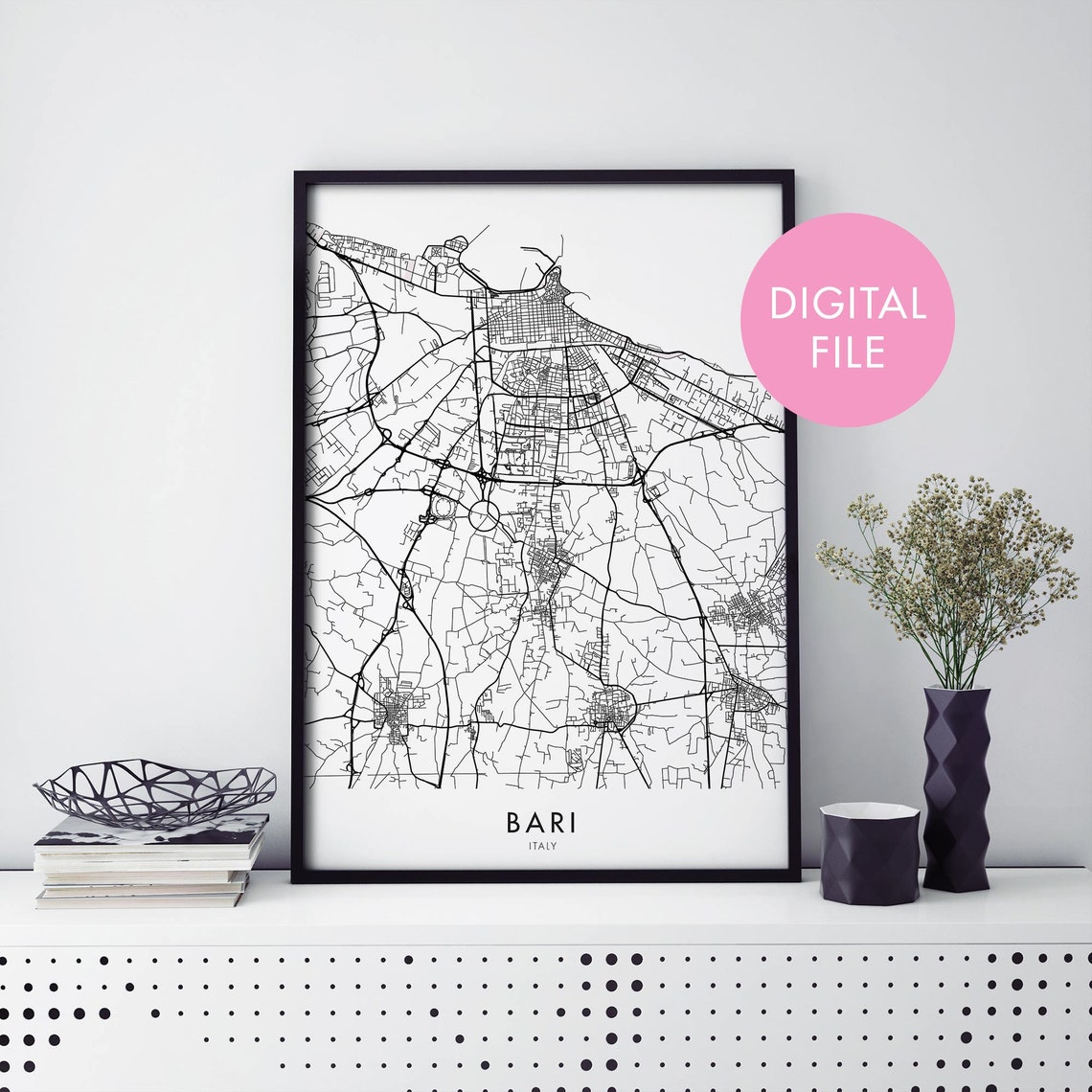 Bari Italy Minimalist City Map Street Art Digital File Poster