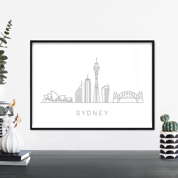 Sydney City Skyline Linear Illustration Print Wall Art 4x6 5x7 A4 A3 A2 A1