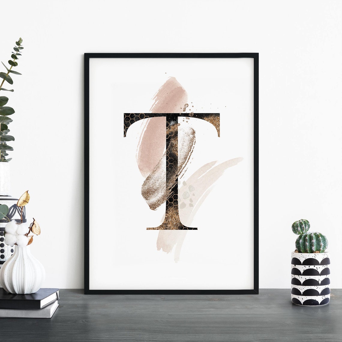 Gold Glitter Letter T Monogram Blush Watercolor Modern Wall Art