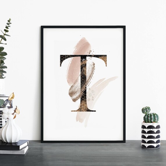 Gold Glitter Letter T Monogram Blush Watercolor Modern Wall Art