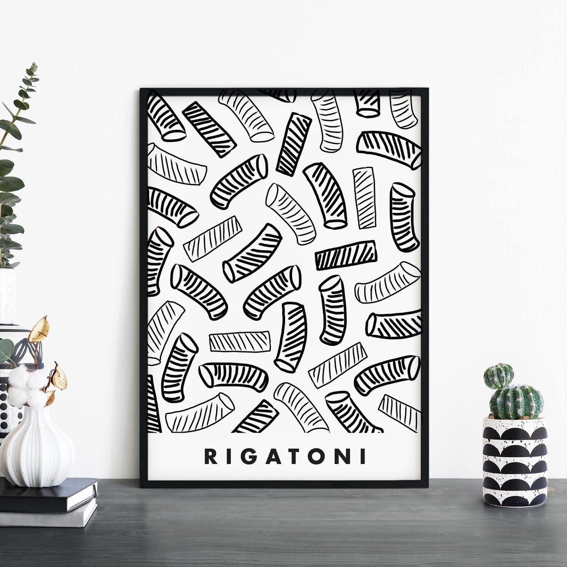 Rigatoni Pasta Pattern Black Line Art Minimalist Kitchen Food Poster