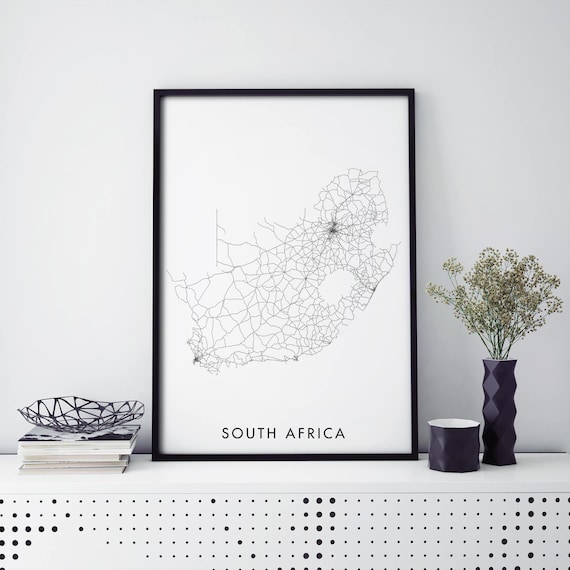 South Africa Country Road Network Minimalist Black Line Map Poster