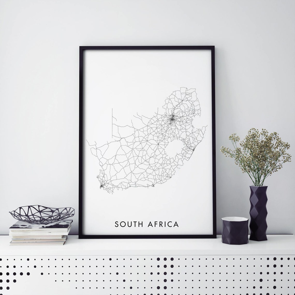 South Africa Country Road Network Minimalist Black Line Map Poster