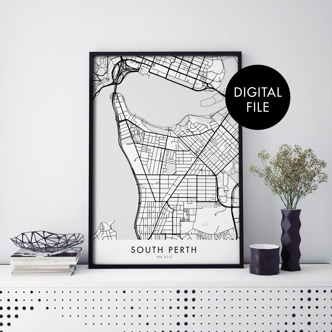 South Perth Western Australia Black Street Map Travel Poster