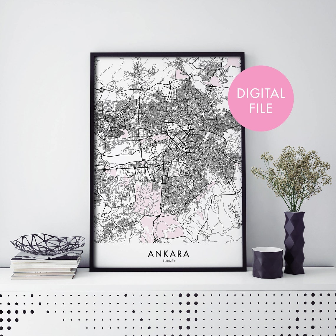 Ankara Turkey Monochrome City Map Instant Digital Download Poster