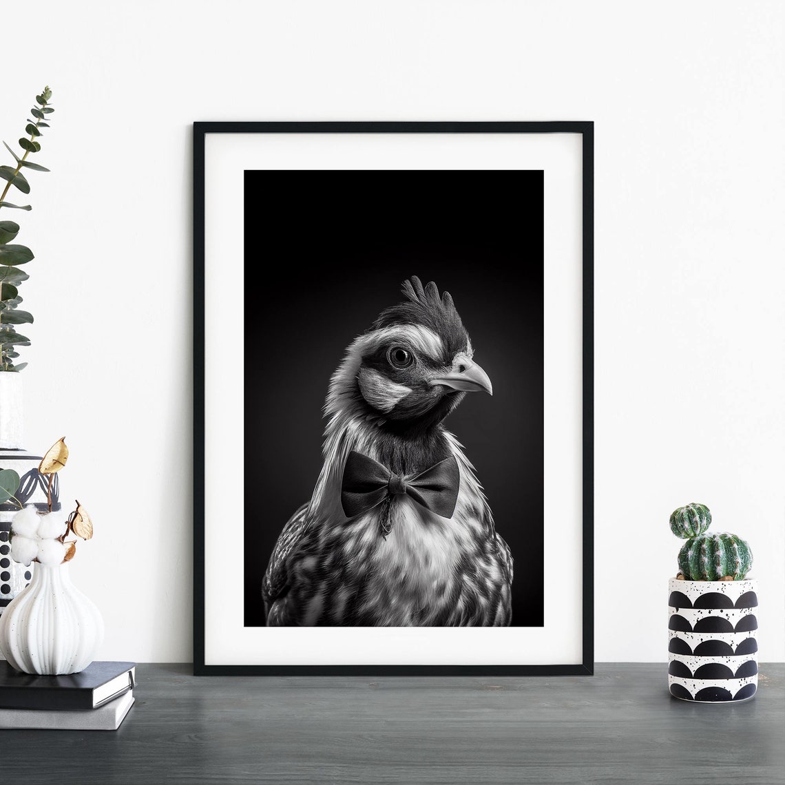 Chicken In Bow Tie Black White Portrait Funny Farm Animal Poster