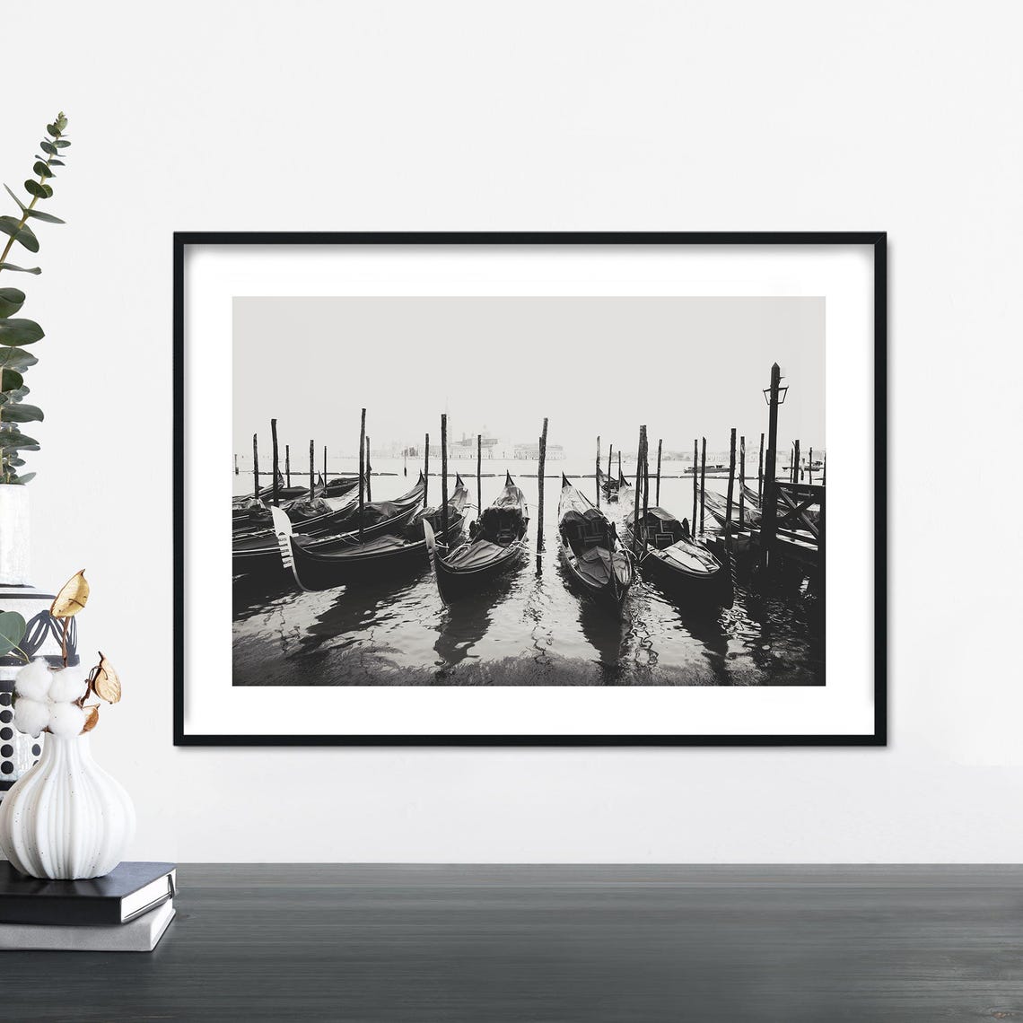 Venice Silent Canals Gondolas Black and White Panoramic Photo Poster